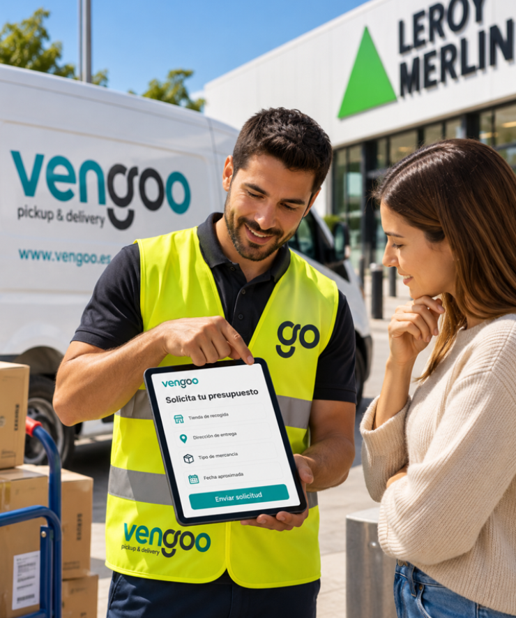 Transportista de Vengoo mostrando a una clienta un formulario para solicitar presupuesto de recogida en Leroy Merlin Barcelona