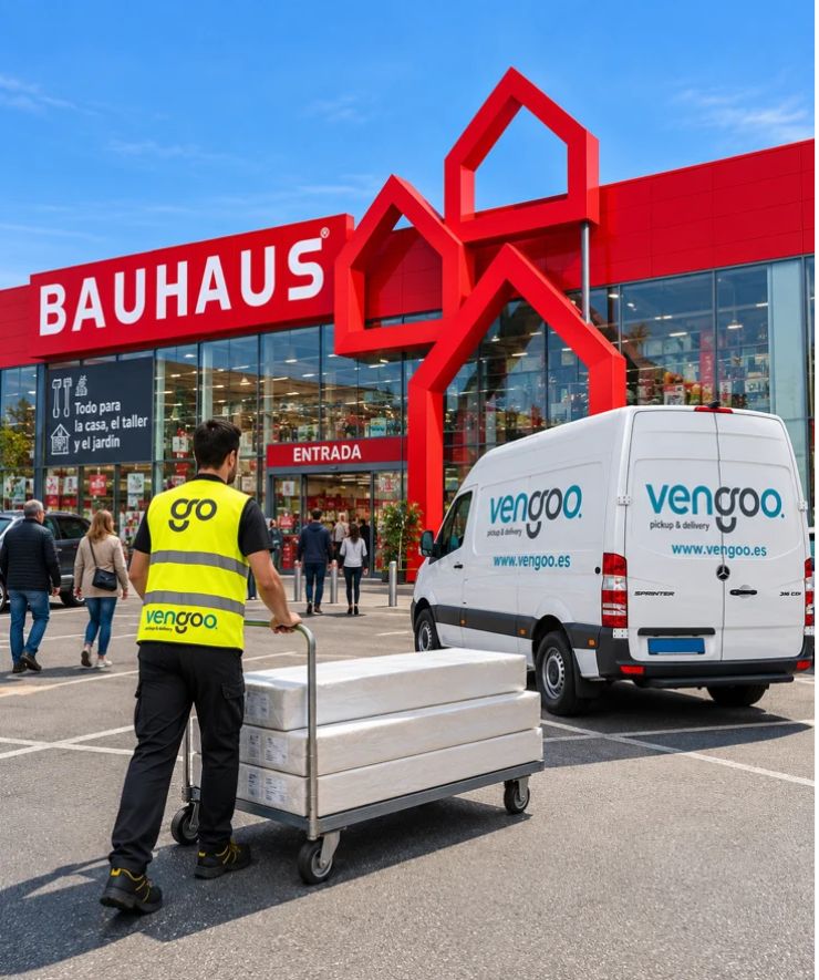 Recogida de pedidos en Bauhaus Barcelona – Vengoo Transportista de Vengoo con un carro de mercancías frente a Bauhaus en Barcelona, junto a una furgoneta de reparto.