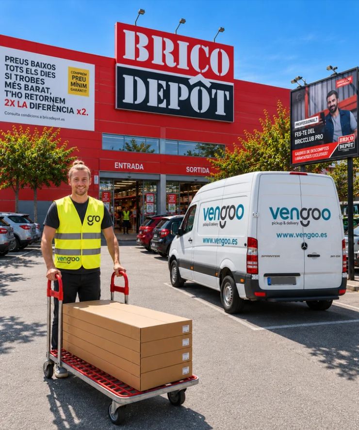 Recogida de pedidos en Brico Dépôt Barcelona – Vengoo Transportista de Vengoo con un carro de mercancías frente a Brico Dépôt en Barcelona, junto a una furgoneta de reparto.