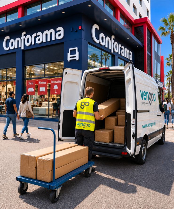 Recogida de muebles en Conforama Barcelona – Vengoo Transportista de Vengoo cargando muebles y paquetes en una furgoneta de reparto frente a Conforama en Barcelona.