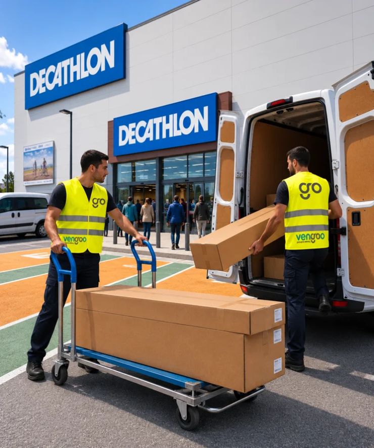 Recogida de pedidos en Decathlon Barcelona – Vengoo Dos transportistas de Vengoo cargando artículos deportivos y paquetes voluminosos en una furgoneta frente a Decathlon en Barcelona.