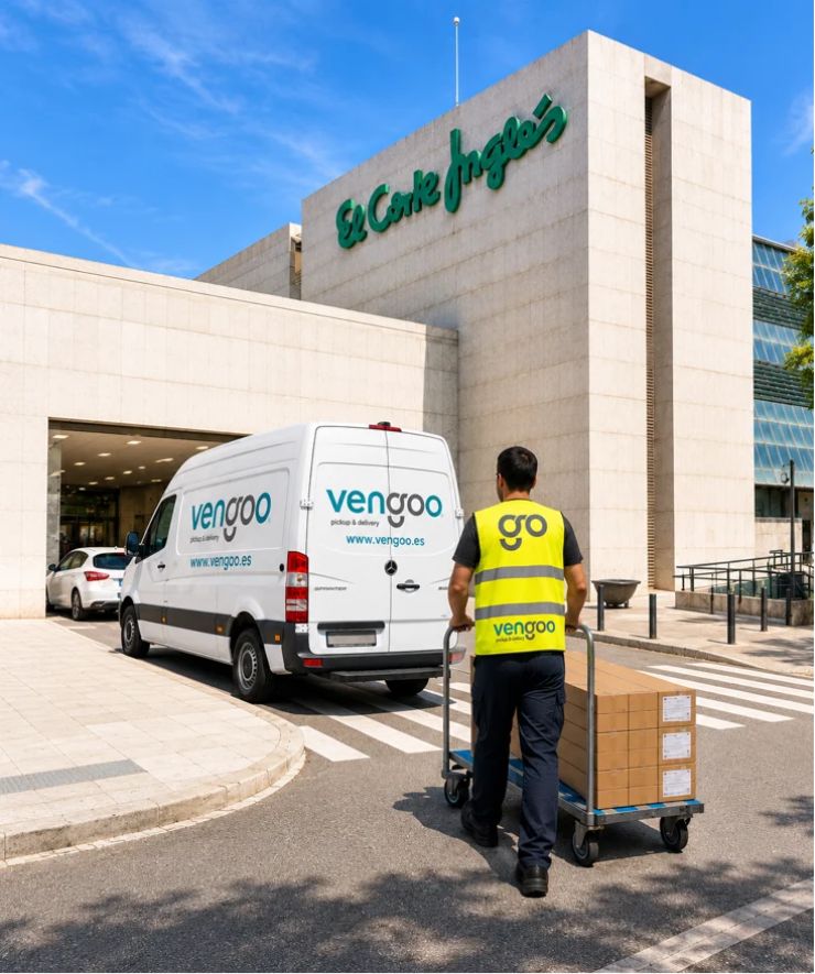 Recogida de pedidos en El Corte Inglés Barcelona – Vengoo Transportista de Vengoo trasladando cajas con un carro junto a una furgoneta de reparto frente a El Corte Inglés en Barcelona.