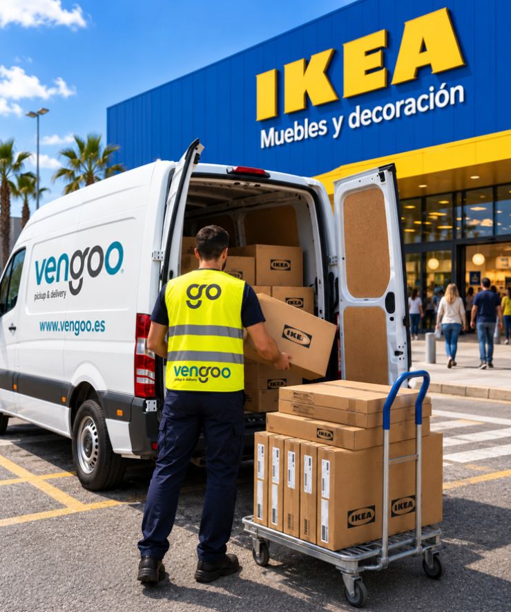 Recogida de muebles y pedidos en IKEA Barcelona – Vengoo Transportista de Vengoo cargando cajas y muebles de IKEA en una furgoneta de reparto frente a una tienda IKEA.