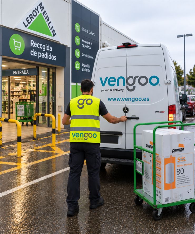 Recogida de pedidos en Leroy Merlin Barcelona – Vengoo Transportista de Vengoo recogiendo un pedido de Leroy Merlin junto a una furgoneta de reparto en la zona de recogida en tienda.