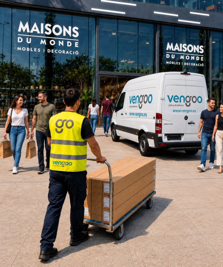 Recogida en Maisons du Monde Barcelona – Vengoo Transportista de Vengoo recogiendo muebles en Maisons du Monde en Barcelona con furgoneta de reparto.