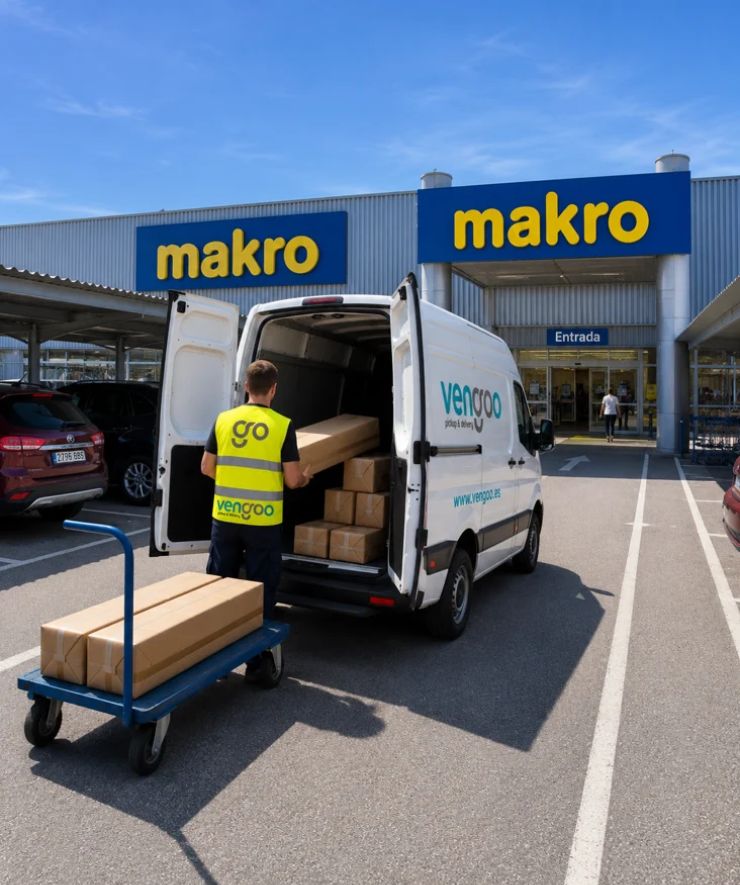 Recogida en Makro Barcelona – Vengoo Transportista de Vengoo cargando mercancía en una furgoneta frente a Makro en Barcelona.