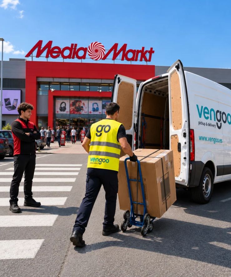 Recogida de electrodomésticos en MediaMarkt Barcelona – Vengoo Transportista de Vengoo trasladando un electrodoméstico con una carretilla junto a una furgoneta de reparto frente a MediaMarkt.