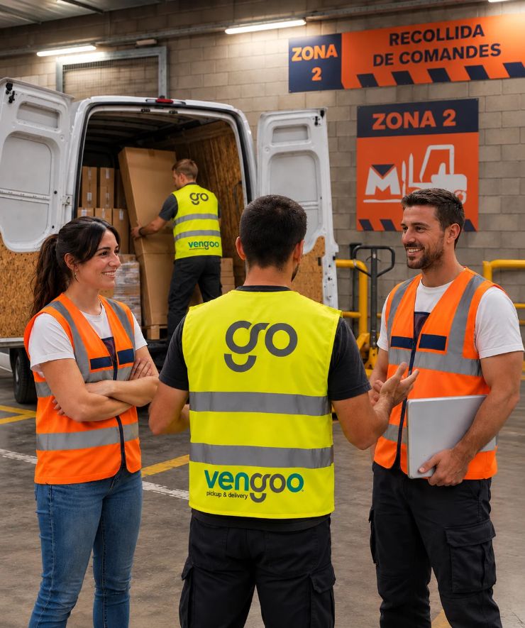 Recogida de mercancías en Obramat Barcelona – Vengoo Transportista de Vengoo coordinando la recogida de mercancías con personal de Obramat en la zona de carga de pedidos.